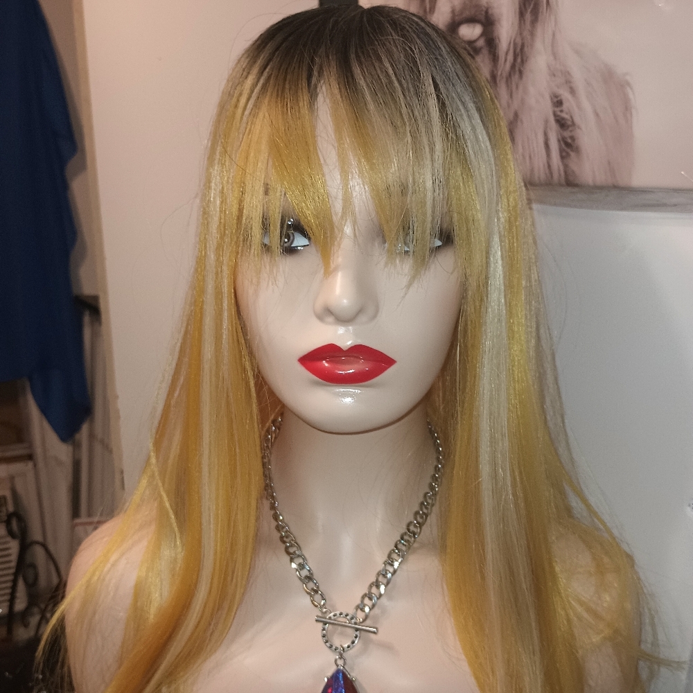 Golden Blonde Synthetic Wig Dark Roots